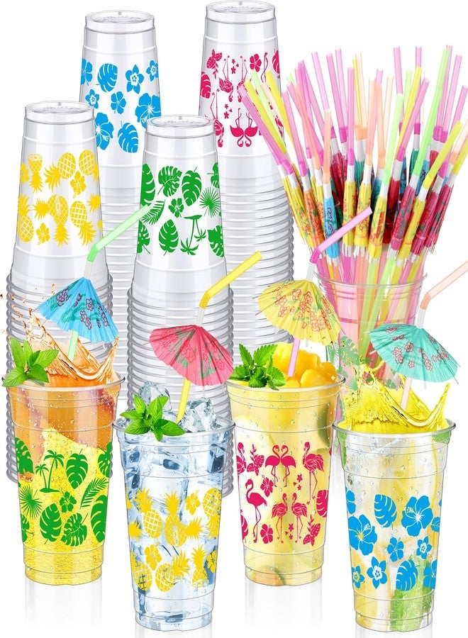 RimCereal 100 Pcs 12 oz Clear Disposable Luau Cups with Umbrella Straws Hawaiian Themed Party Decorations Tropical Luau Tiki Cups Pineapple Cups for Birthday Bachelorette Tropical Party Decorations - Image 1